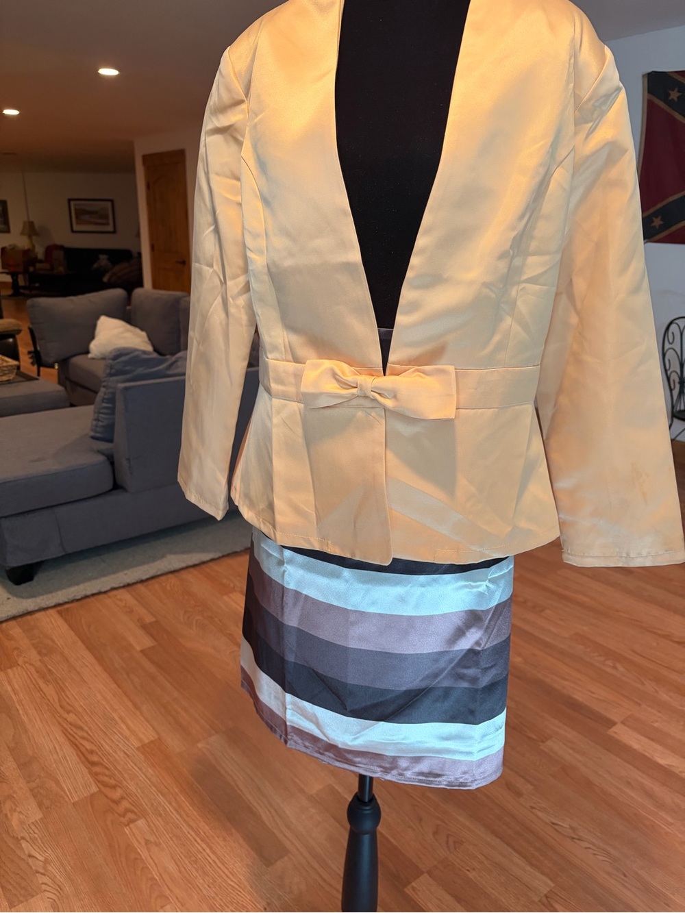 Women's Light Yellow Bow-Accent Blazer Jacketand striped skirt set